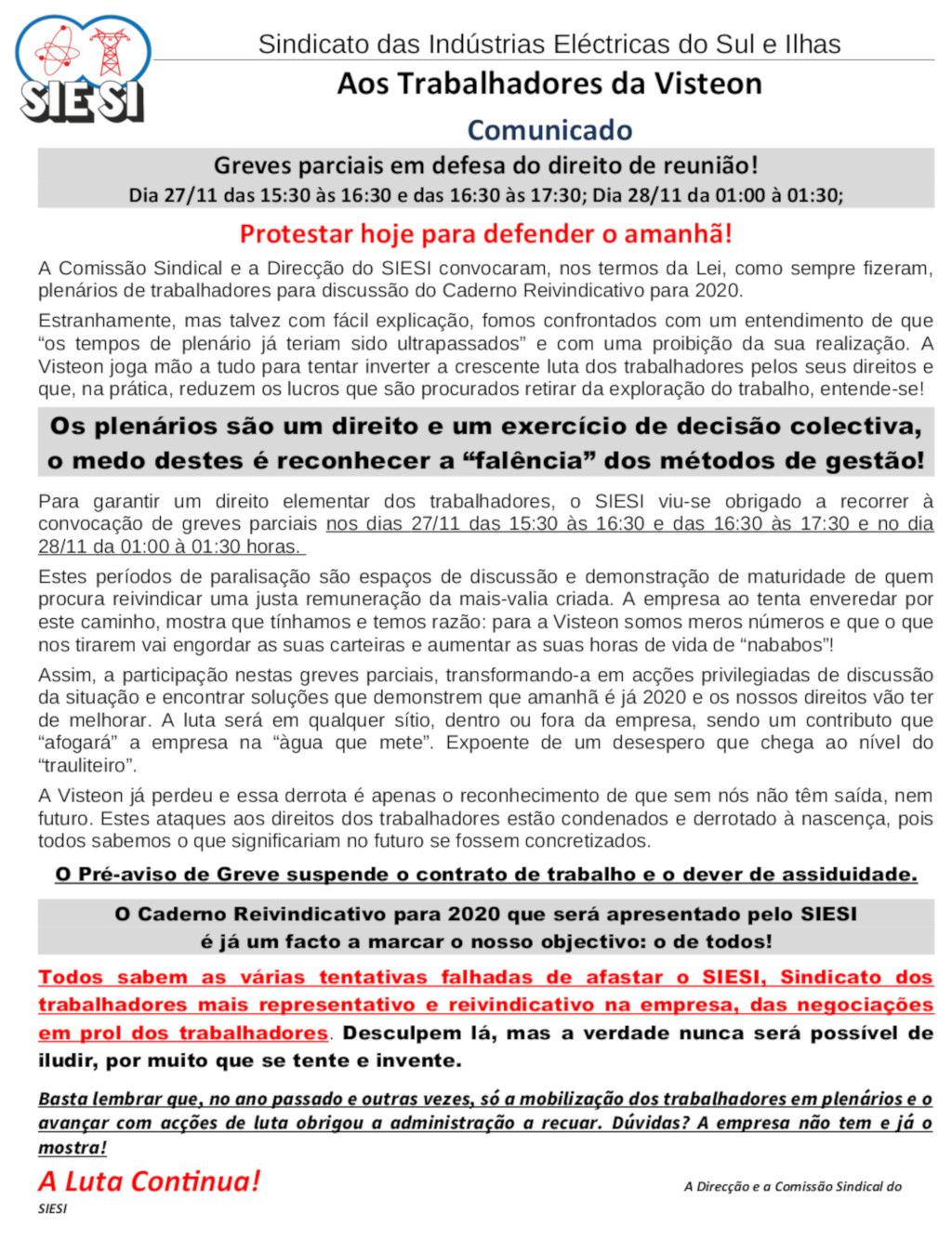 Aos Trabalhadores da Visteon Novembro 2